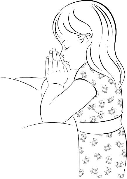 Girl Praying, Kneeling by Her Bed Black and white line drawing of a young girl wearing pajamas, kneeling beside her bed with her hands together saying her bedtime prayers. praise and worship stock illustrations