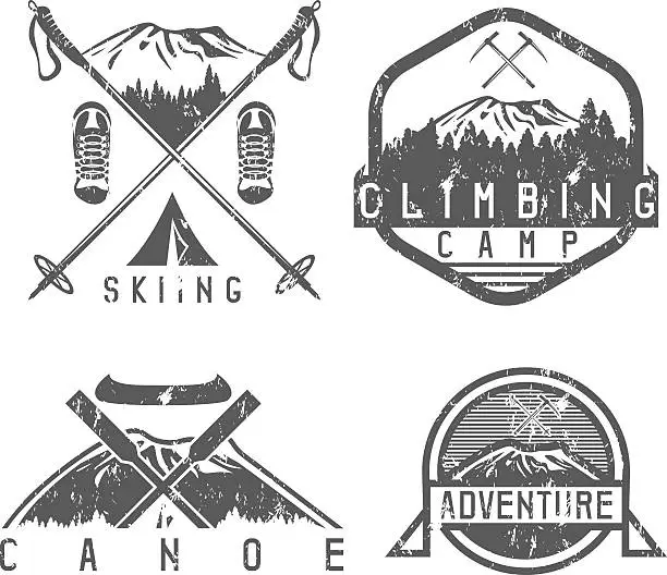 Vector illustration of skiing , canoe and adventure camp vintage grunge labels set