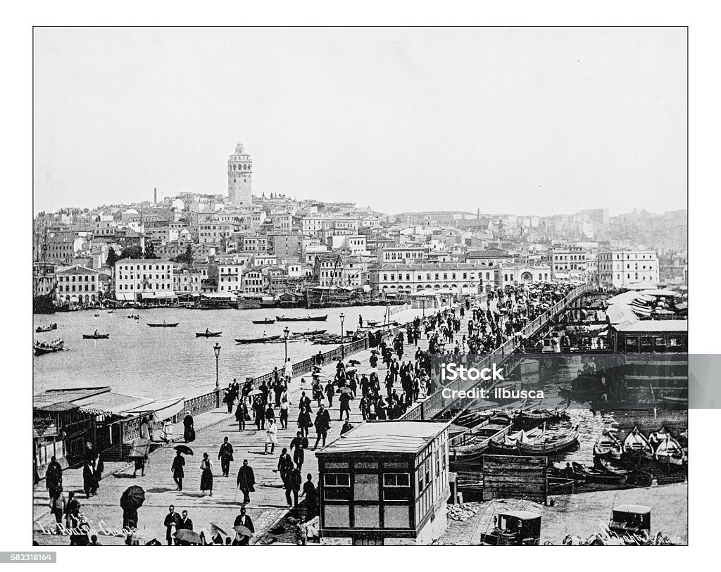 Античная фотография Стамбульского и Босфорского мостов (Турция,XIX век) - Стоковые иллюстрации Стамбул роялти-фри