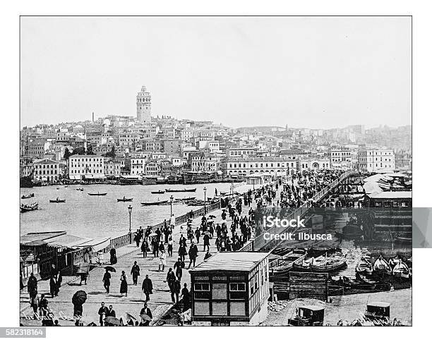 Античная Фотография Стамбульского И Босфорского Мостов — стоковая векторная графика и другие изображения на тему Стамбул