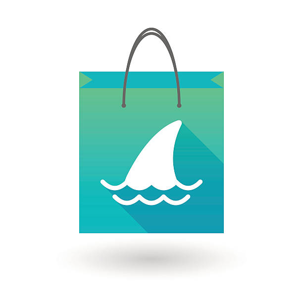 illustrazioni stock, clip art, cartoni animati e icone di tendenza di icona della borsa della spesa con una pinna di squalo - spinarolo