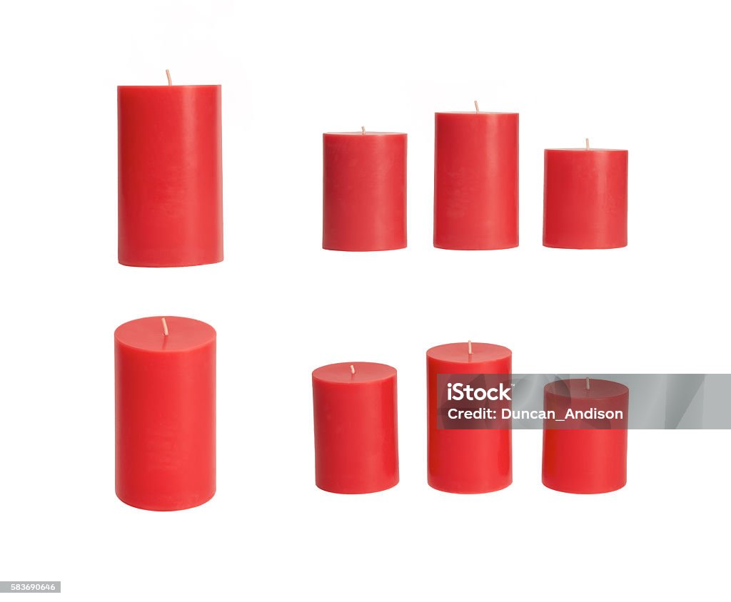 Selection of red candles A selection of red candles at different angles on a white background Advent Stock Photo