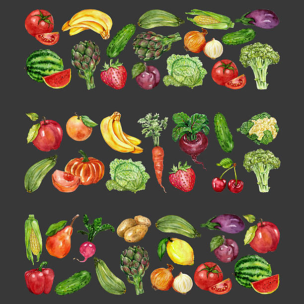 ilustrações de stock, clip art, desenhos animados e ícones de watercolor set with fruits and vegetables - cauliflower vegetable black illustration and painting