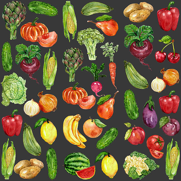 ilustrações de stock, clip art, desenhos animados e ícones de watercolor set with fruits and vegetables - cauliflower vegetable black illustration and painting