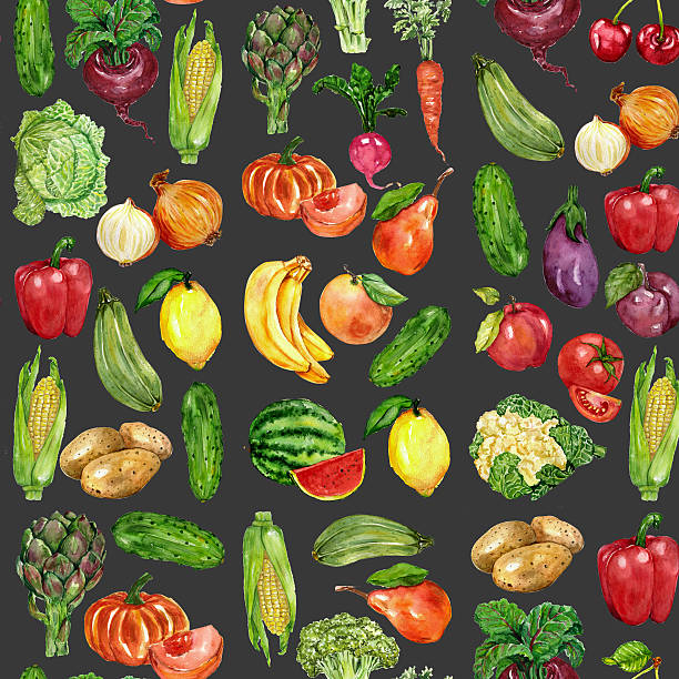 ilustrações de stock, clip art, desenhos animados e ícones de watercolor set with fruits and vegetables - cauliflower vegetable black illustration and painting