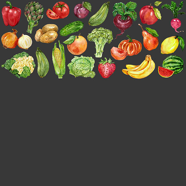 акварель набор с фруктами и овощами - cauliflower vegetable black illustration and painting stock illustrations