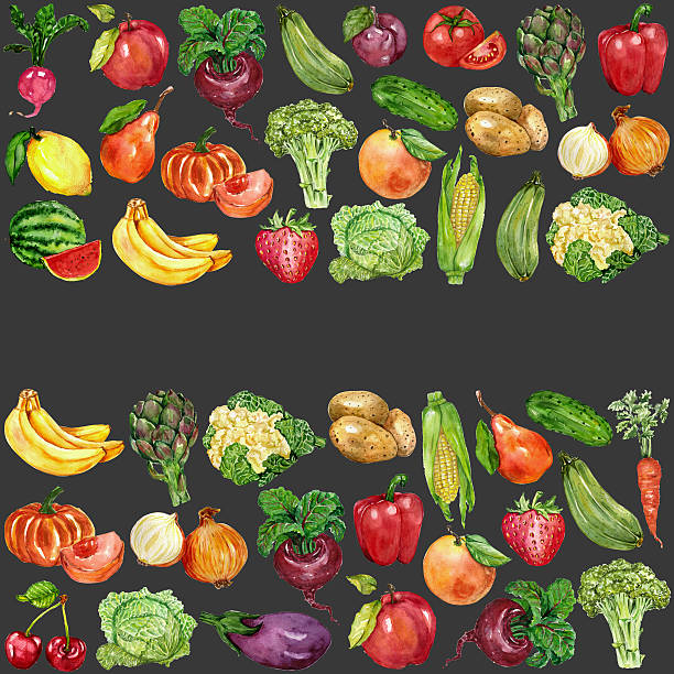 ilustrações de stock, clip art, desenhos animados e ícones de watercolor set with fruits and vegetables - cauliflower vegetable black illustration and painting