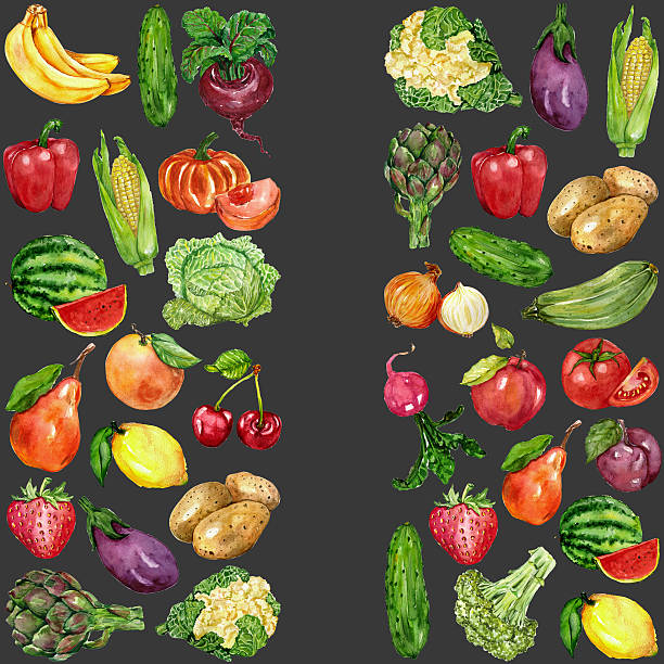 illustrazioni stock, clip art, cartoni animati e icone di tendenza di set acquerello con frutta e verdura - cauliflower vegetable black illustration and painting