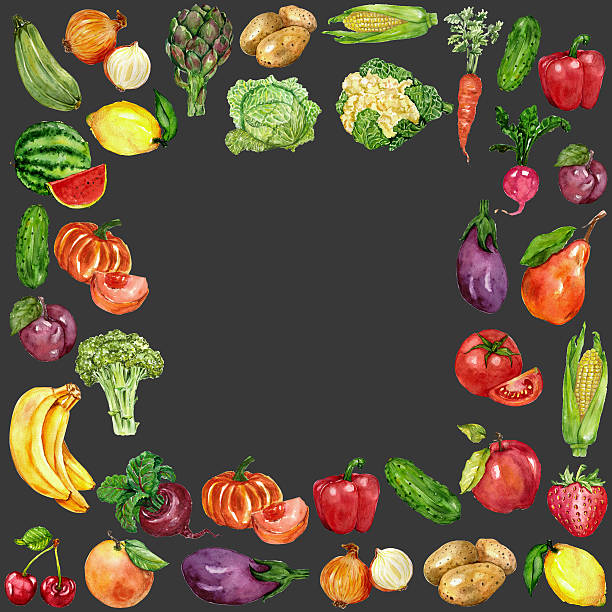 акварель набор с фруктами и овощами - cauliflower vegetable black illustration and painting stock illustrations