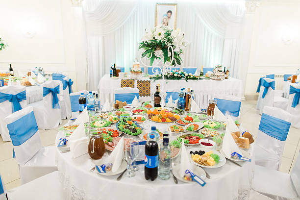istock Rich served banquet table set for luxury wedding in bright 583693748