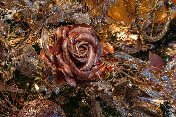 istock Pink rose, christmas tree decorations 583694762
