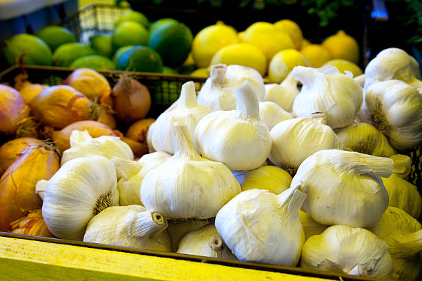 Fresh garlic on display at a road side stand