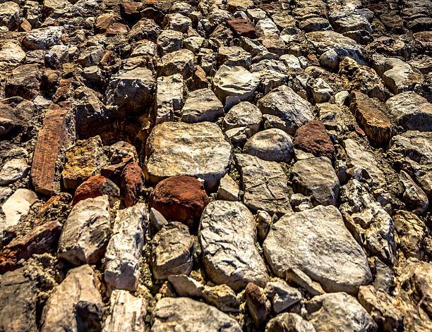 Close-up of a wall made of natural stones of different colors. Background. Texture.