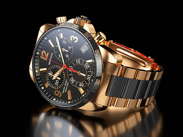 Watches with water drops on black acrylic background, studio lighting