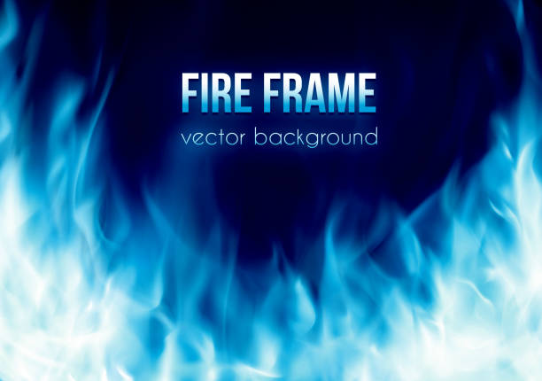 Vector banner with blue color burning fire frame Abstract vector background with blue color burning fire flames frame and blank space for text. Fiery banner design template flame borders stock illustrations