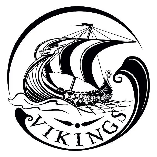 Vector illustration of Drakkar, boat Viking, vintage sailing warship, vector illustration