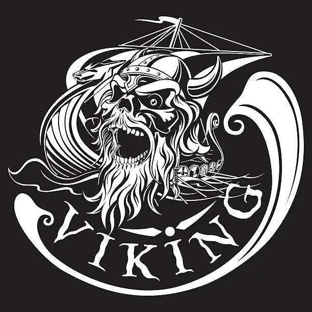 Vector illustration of Viking skull on a background of Drakkar, warship, vector illustration
