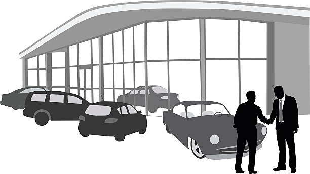 kauf eines autos beim autohaus - umrisslinie and schatten im mittelpunkt and illustration and tragen stock-grafiken, -clipart, -cartoons und -symbole