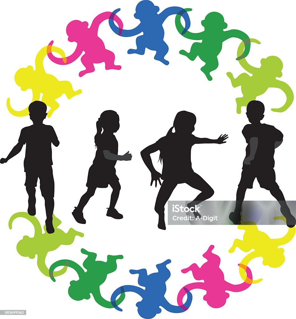 Monkey Around Playing Games A vector silhouette illustration of young boys and young girls moving and playing among a circle of arm linked toy monkeys. Arm In Arm stock vector