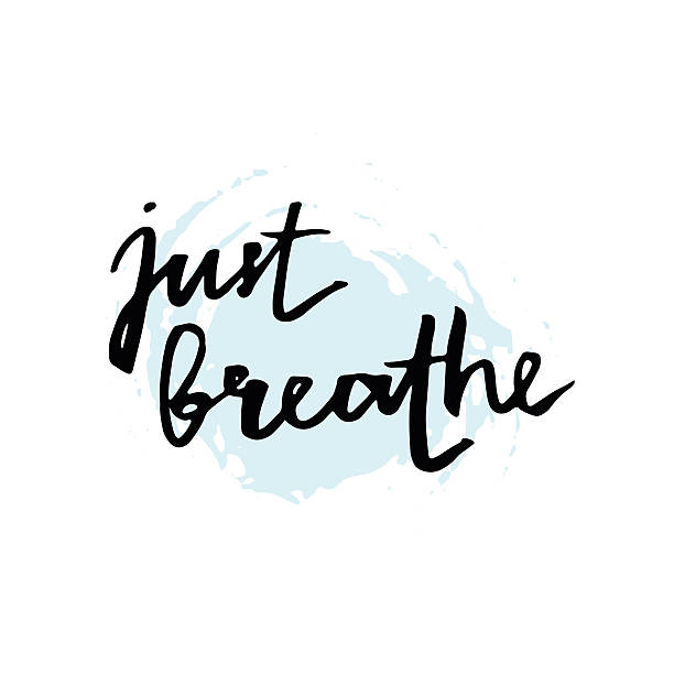 Just breathe. Inspirational lettering quote. Just breathe. Inspirational quote calligraphy at blue and white background. Vector lettering about life, calm, positive saying. Modern brush calligraphy. Hand drawn lettering element for your design. keep calm and stock illustrations