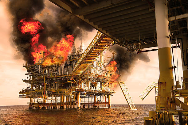 istock offshore oil and gas fire case or emergency case 583704248