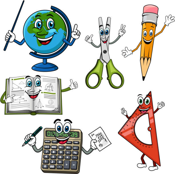 ilustrações de stock, clip art, desenhos animados e ícones de cartoon school supplies and stationery characters - education childhood school drawing compass