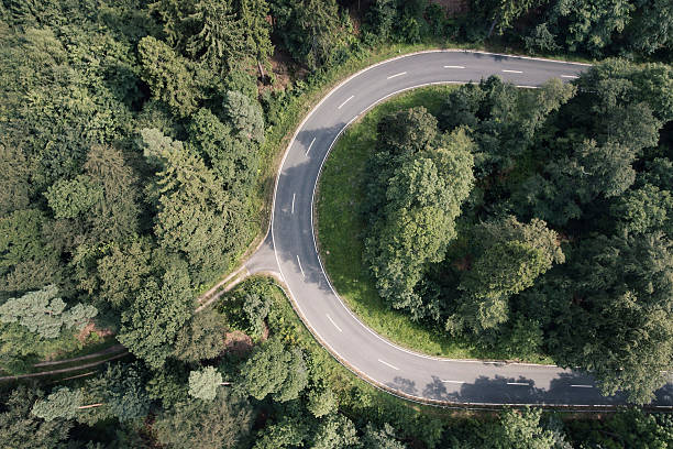 istock Road curve in the forest. Aerial view. Toned image 583705838