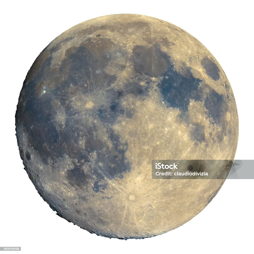 Full moon seen with telescope, enhanced colours, isolated Full moon seen with an astronomical telescope, with enhanced colours to show the real colours of terrain surface - isolated over white background, with craters and mountains visible on the border Full Moon Stock Photo