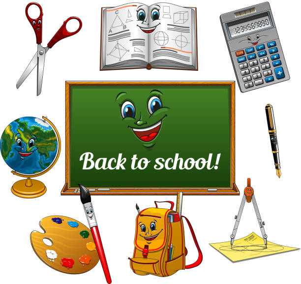 ilustrações de stock, clip art, desenhos animados e ícones de cheerful cartoon school supplies with blackboard - education childhood school drawing compass