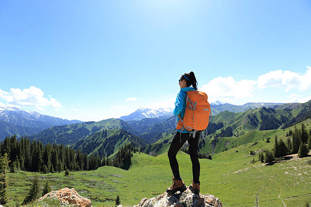 istock successful woman backpacker  on mountain peak 583709196