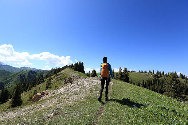 istock young woman backpacker hiking on beautiful mountain peak 583709256