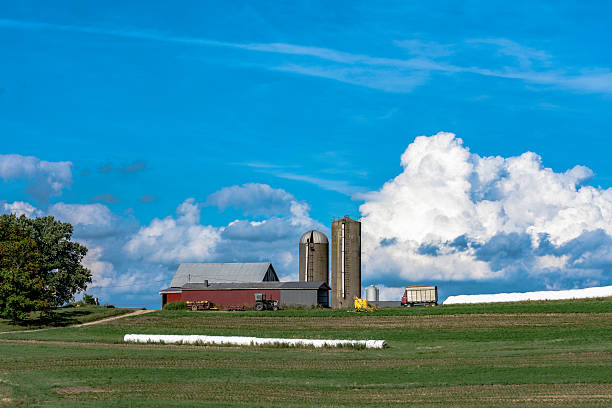 gospodarstwo mleczne na wzgórzu z błękitnym niebem - poziome - farm barn landscape ohio zdjęcia i obrazy z banku zdjęć