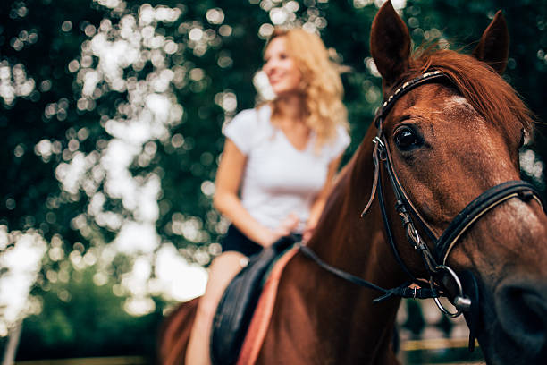 istock Pretty woman on a horse 583714078