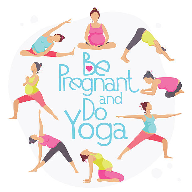 ilustraciones, imágenes clip art, dibujos animados e iconos de stock de conjunto de posturas de yoga para mujeres embarazadas. - relaxation exercise child mother human pregnancy