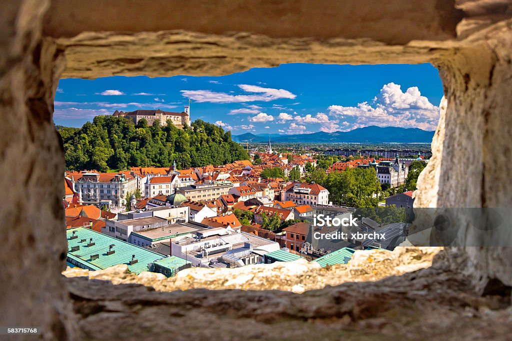 Ljubljana aerial view through stone window Ljubljana aerial view through stone window, capital of Slovenia Ljubljanica River Stock Photo