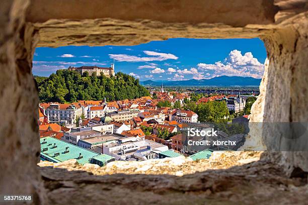 Ljubljana Aerial View Through Stone Window Stock Photo - Download Image Now - Ljubljanica River, Ljubljana, Slovenia