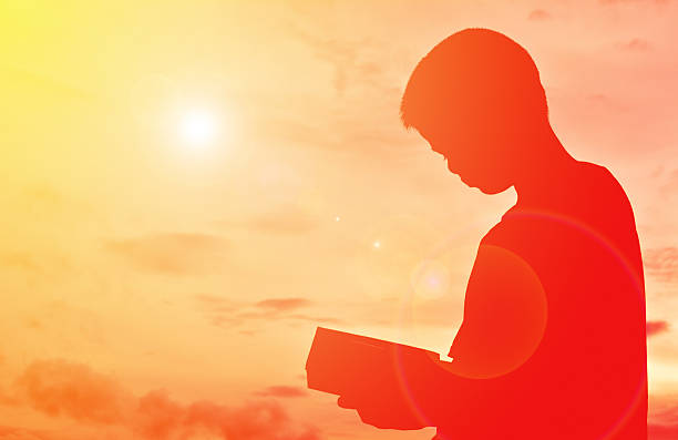 Silhouette a boy reading book on sunset