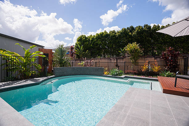 istock Modern swimming pool with blue sky under the forest 583719186