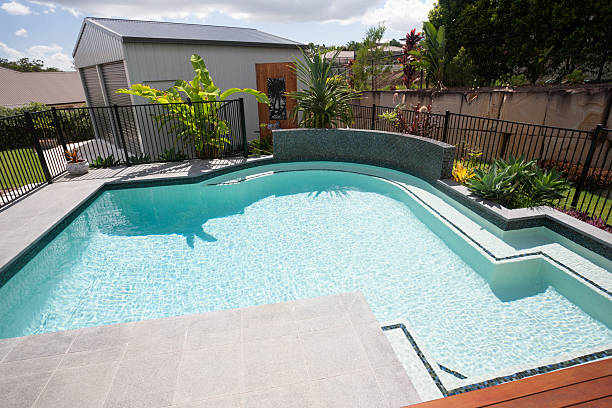 istock Modern pool with clear water which illuminated to the sunlight 583719224