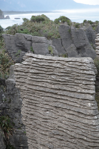 View of Pancake Rocks in Winter morning,  Punakaiki, South Island, New Zealand.