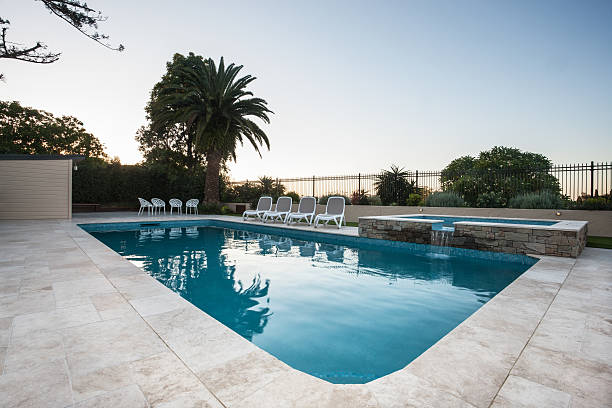 istock Luxury water pool view with a tile floor ground 583722520
