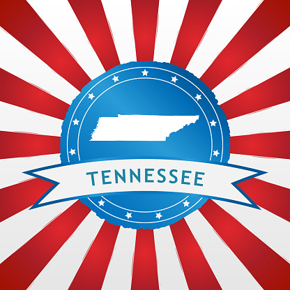 Shiny light blue badge with an american state. United States concept image. Digitally created image. Map is