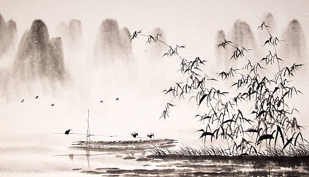 Chinese landscape ink painting vector art illustration