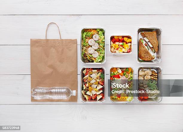 Healthy Food Take Away In Boxes Top View At Wood Stock Photo - Download Image Now - Box - Container, Take Out Food, Container