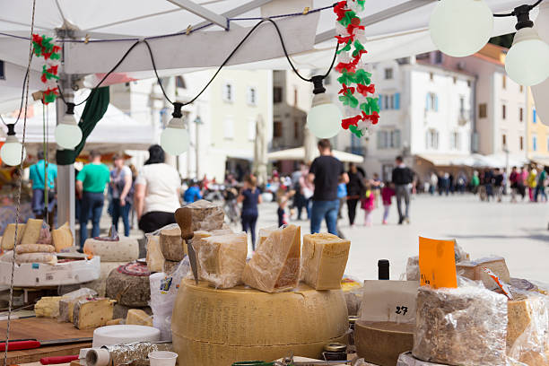 Sunday cheese market. Large selection of cheeses.