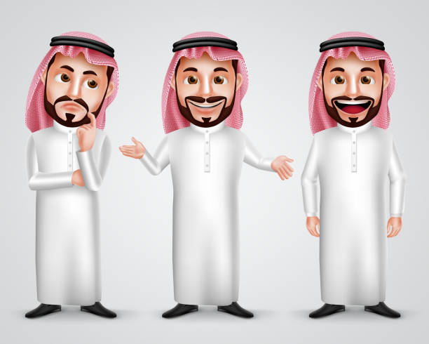 ilustrações, clipart, desenhos animados e ícones de homem árabe saudita vetor personagem definido vestindo thobe e gutra - kaffiyeh