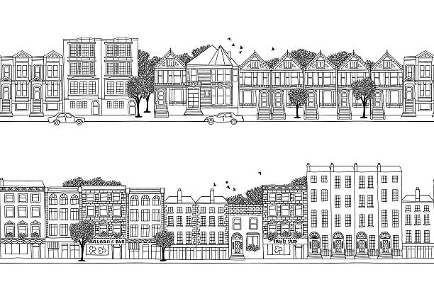 illustrations, cliparts, dessins animés et icônes de deux bannières de la ville avec des maisons de style victorien - double wall