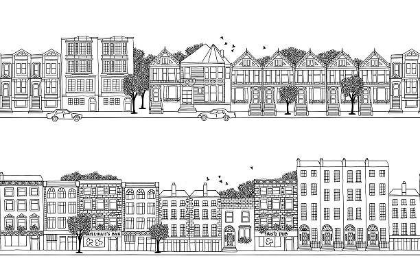 Two city banners with Victorian style houses Two hand drawn seamless city banners with Victorian style houses victorian house stock illustrations