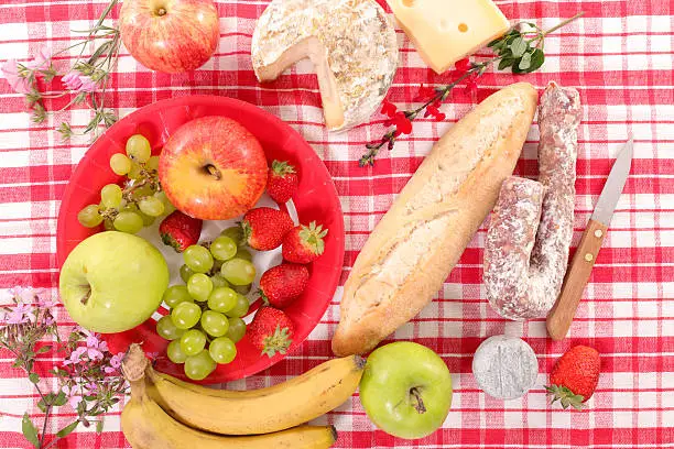 picnic with fruit,bread and cheese