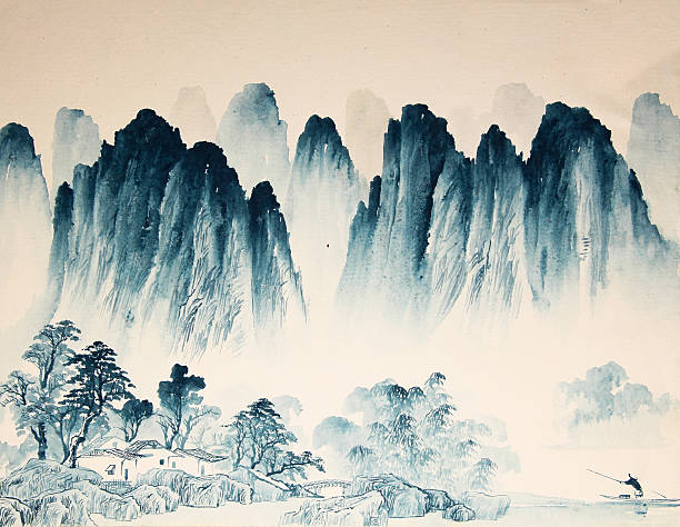 Chinese landscape watercolor painting vector art illustration